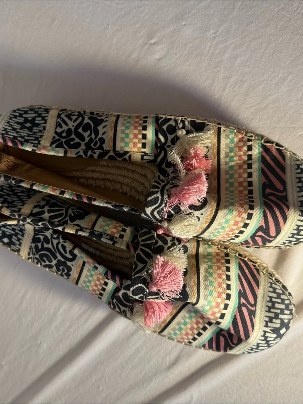 Crown Vintage Multicolor Patterned Espadrille Flats with Pink & Cream Tassels